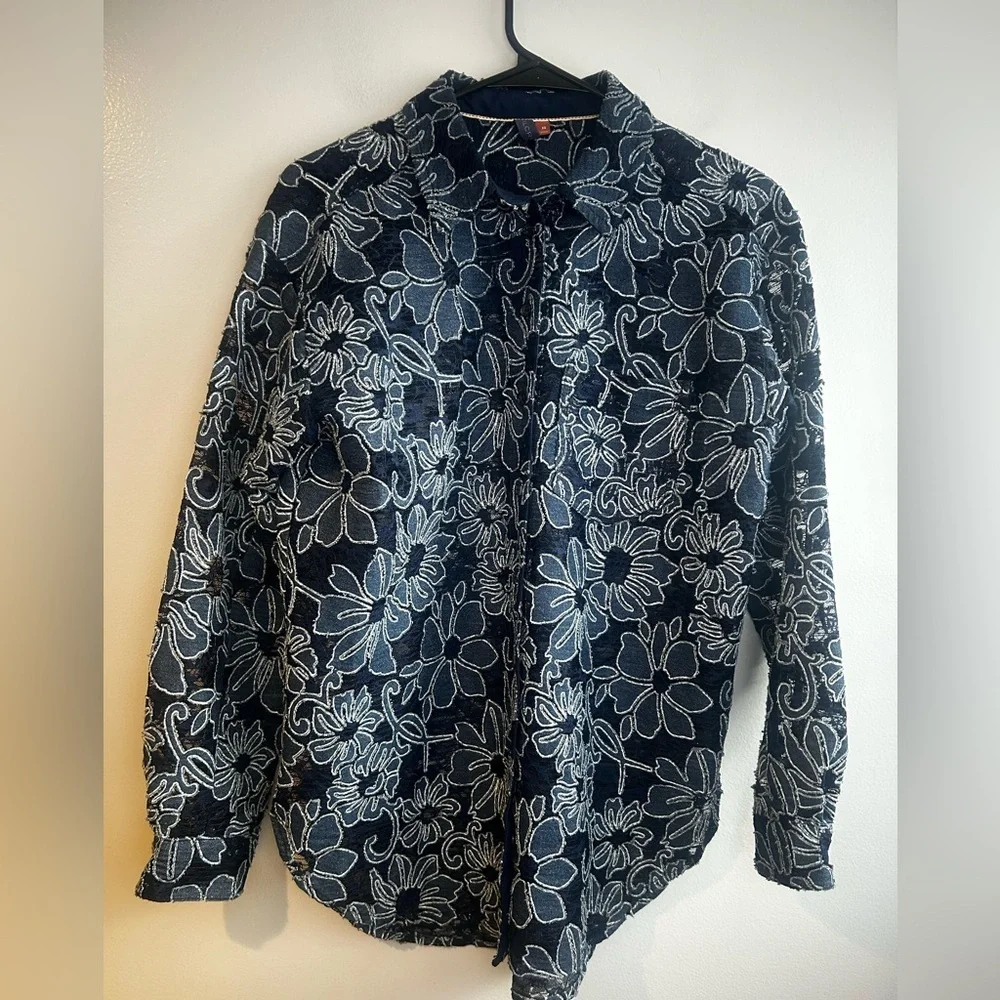Pilcro Anthropologie Navy Blue Sheer Lace Button Down Shirt Size XS